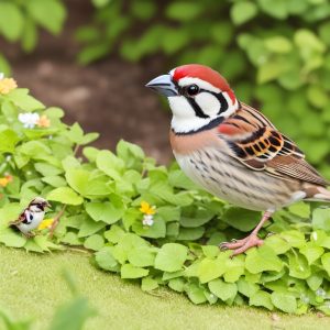 Sicherheitsmaßnahmen für Haussperlinge: Bild von einem Haussperling mit Futter im Schnabel und einem Vogelhaus im Hintergrund, um zu zeigen, wie Sie Ihre gefiederten Freunde schützen und pflegen können.