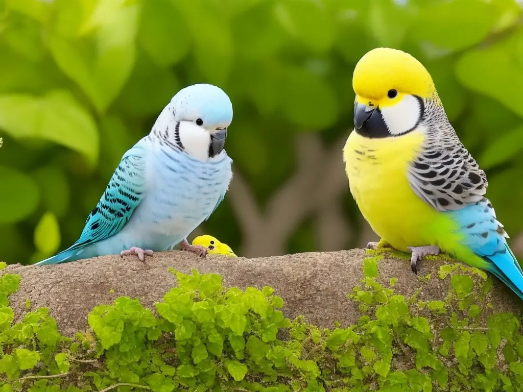 Wellensittiche sitzen auf einer Stange aus Holz. Einer der Vögel schreit laut. Im Hintergrund ist eine Hand zu sehen, die ihm Futter anbietet. Die Bildunterschrift lautet "Warum Wellensittiche bei Veränderungen schreien - Tipps zur Beruhigung".