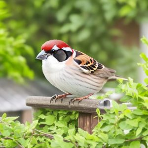 Zwei Spatzen sitzen auf einem Ast, umgeben von Grün. Die Vögel sind gefährdet, da sie häufig von Katzen gejagt werden. Deshalb ist es wichtig, vorbeugende Maßnahmen zu ergreifen, um die Spatzenpopulation zu schützen.