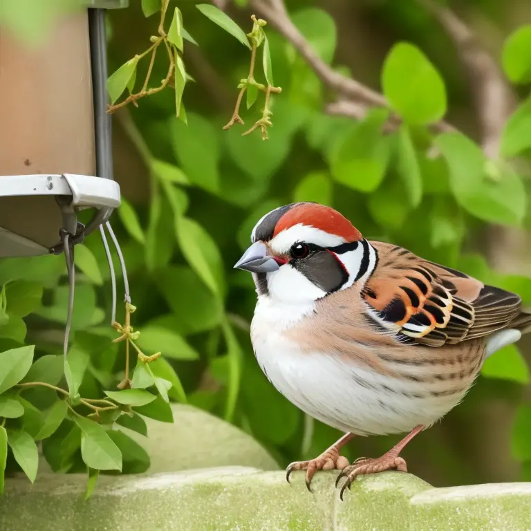 Zwei Vögel, Haussperling und Rotkehlchen, kämpfen im Garten - Flügelschlag zu sehen