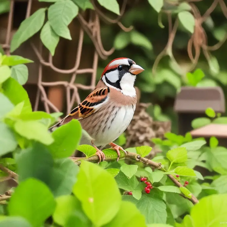 Futterstellen als Verhaltensmuster bei Haussperlingen: Ein Vogel auf einem Futterspender.