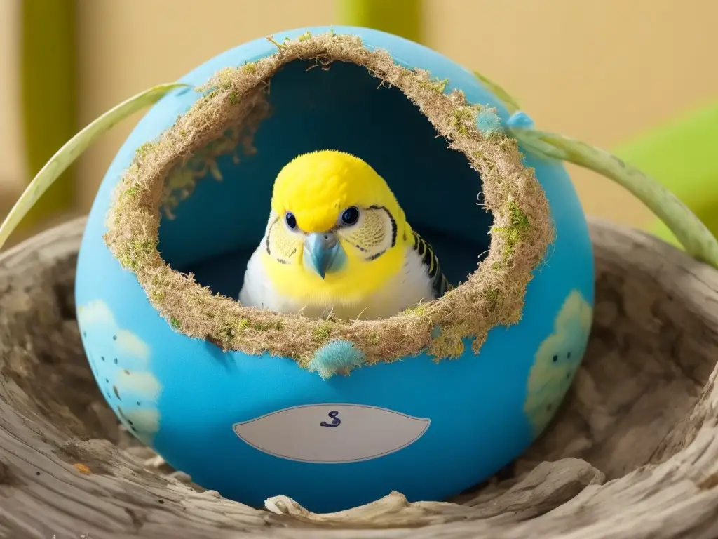 Wellensittich, der auf einem Ast sitzt und seinen Schnabel auf dem Holz platziert hat. Das Bild zeigt die Gefahr von Fingernägel-Kauen und wie Sie Ihrem Vogel helfen können, damit aufzuhören.