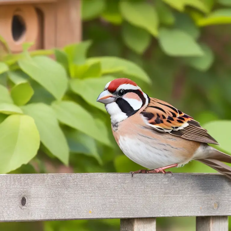 Foto eines Haussperlings auf einem Ast, umgeben von grünem Laub. Das Bild veranschaulicht die Auswirkungen von Pestiziden auf die Vogelpopulationen.