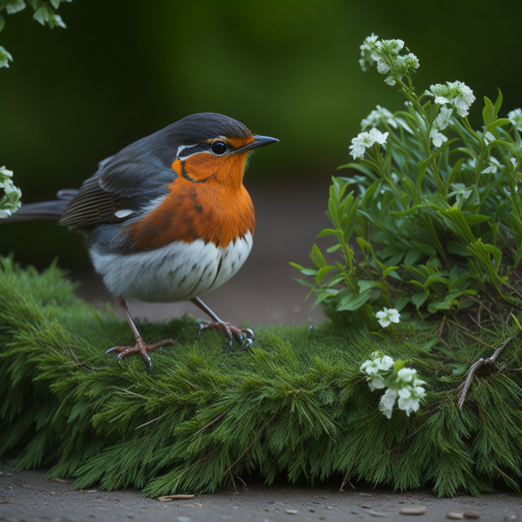 Rotkehlchen Vögel sitzen auf Zaun und Baumzweigen in der Natur