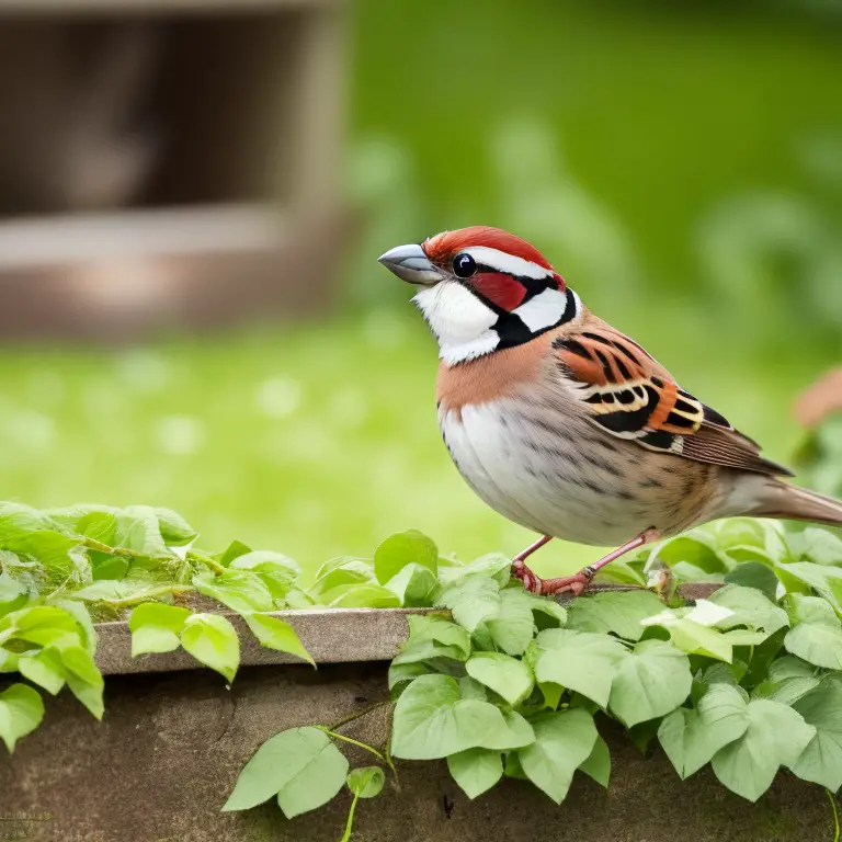 Alt-Text für das Bild: Ein Haussperling auf einem Ast, umgeben von Bäumen und Sträuchern.