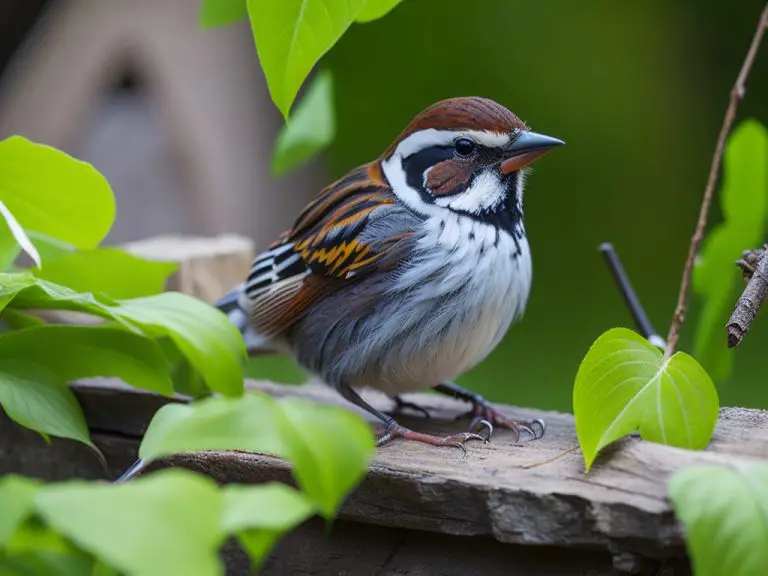 Alt-Text: Haussperling sitzt auf Ast neben Futterstelle