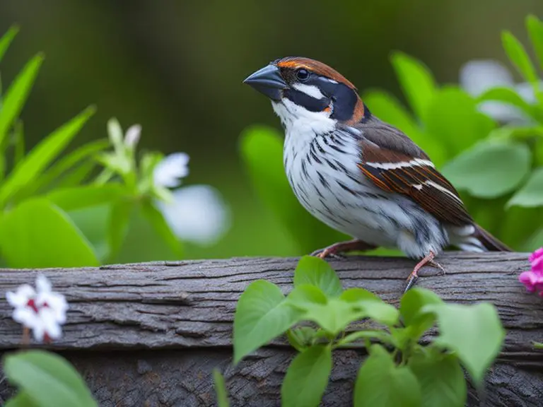 Entdecken Sie die Heimat der Haussperlinge! - Bildbeschreibung: Ein kleiner Vogel, der als Haussperling bekannt ist, sitzt auf einem Ast inmitten von grünen Blättern und Zweigen. Die Umgebung scheint eine natürliche und friedliche Umgebung für diese gefiederten Freunde zu sein.