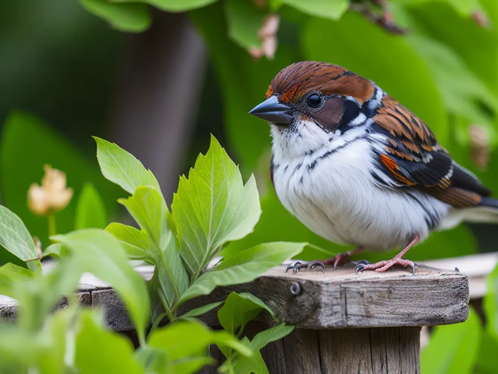 Haussperling auf leerem Nest vor veränderter Umgebung