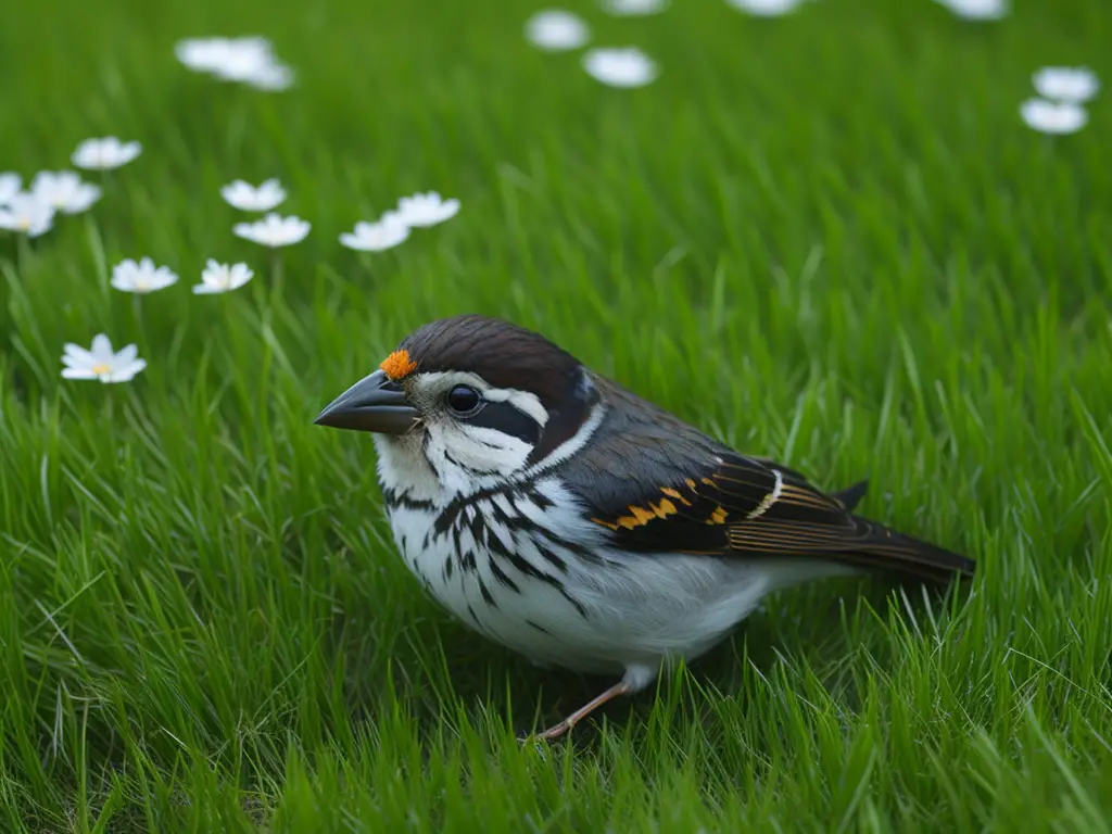 Haussperlinge in einem leeren Nest auf einem Ast, umgeben von Gras und Blättern. Sie zeigen verändertes Verhalten aufgrund der Brutmöglichkeiten.