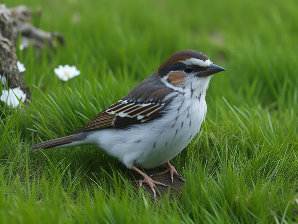 Bildbeschreibung: Spatz in einem Park, der Futter sucht. Hilfe für Spatzen in Parks und Gärten.