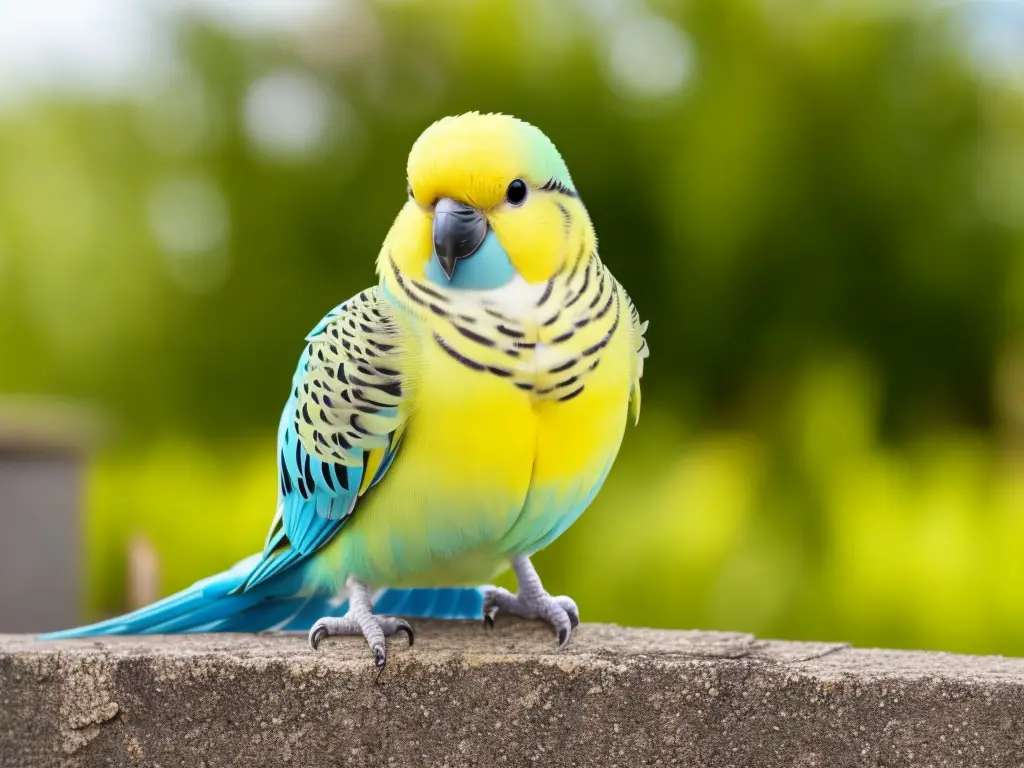 Bildbeschreibung: Blondes Wellensittichpärchen sitzt auf einem Ast. Die Umgebung besteht aus einer Vielzahl von grünen Blättern und einem orangefarbenen Blumentopf. Eine Flasche mit Flüssigkeit und eine Sprühflasche stehen auf einem Tisch im Hintergrund.