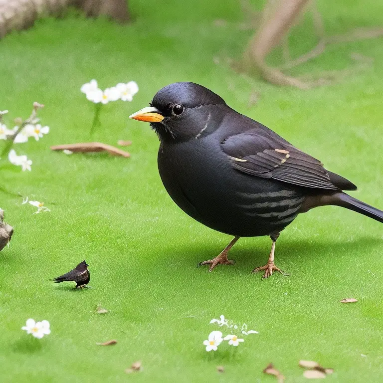 Amsel auf einer Astgabel sitzend, während sie ihr Nest im Geheimen versteckt.