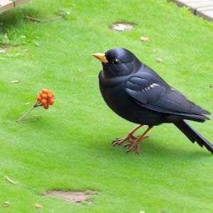 Foto einer Amsel, die eine Mahlzeit entdeckt hat