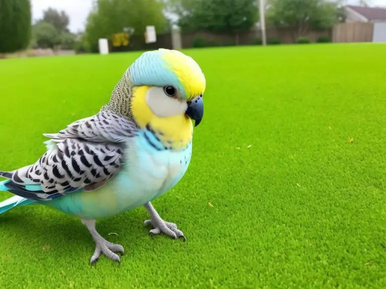 Wellensittich in Bewegung auf einem Spielplatz.