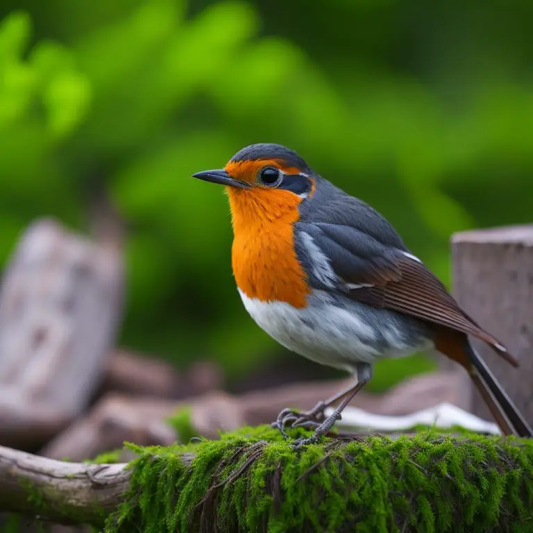 Rotkehlchen im Garten mit Vogelhaus und Vogelfutter, umgeben von grünen Blättern.