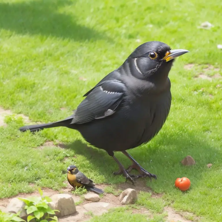 Amsel auf einem verschneiten Zweig mit aufgeplusterten Federn, die vor Kälte geschützt werden.