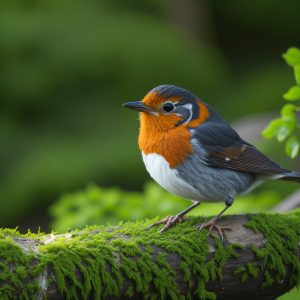 Rotkehlchen im Garten, natürliche Schädlingsbekämpfer? Ein Vogel mit rotem Brustgefieder sitzt auf einem Ast vor grünem Laub.