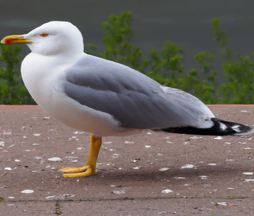 Sturmmöwe fliegt über Wasser.